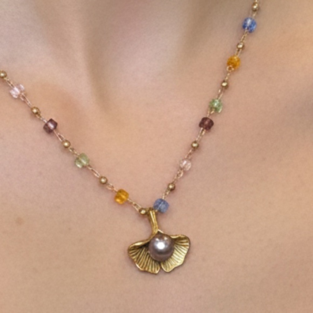 GENUINE FRESH WATER PEARL Multicolor Beaded Necklace with Gold Pendant 16 inch